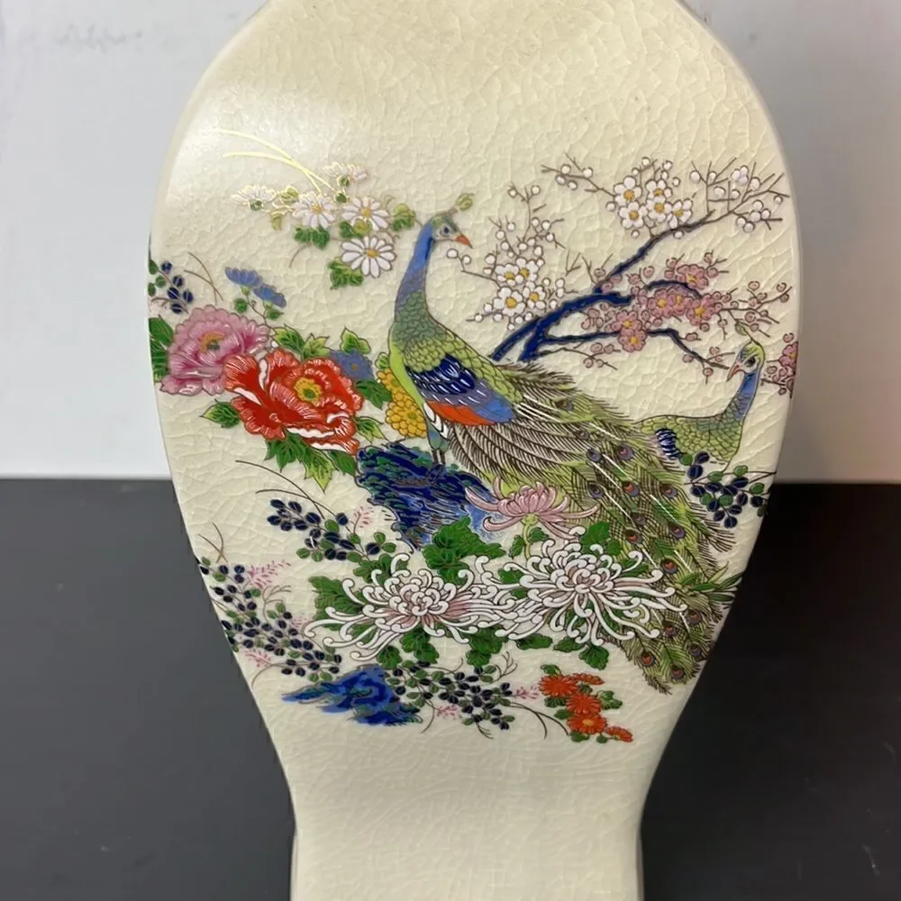 Vintage Multicolor Floral Japanese Vase with Peacock 12”